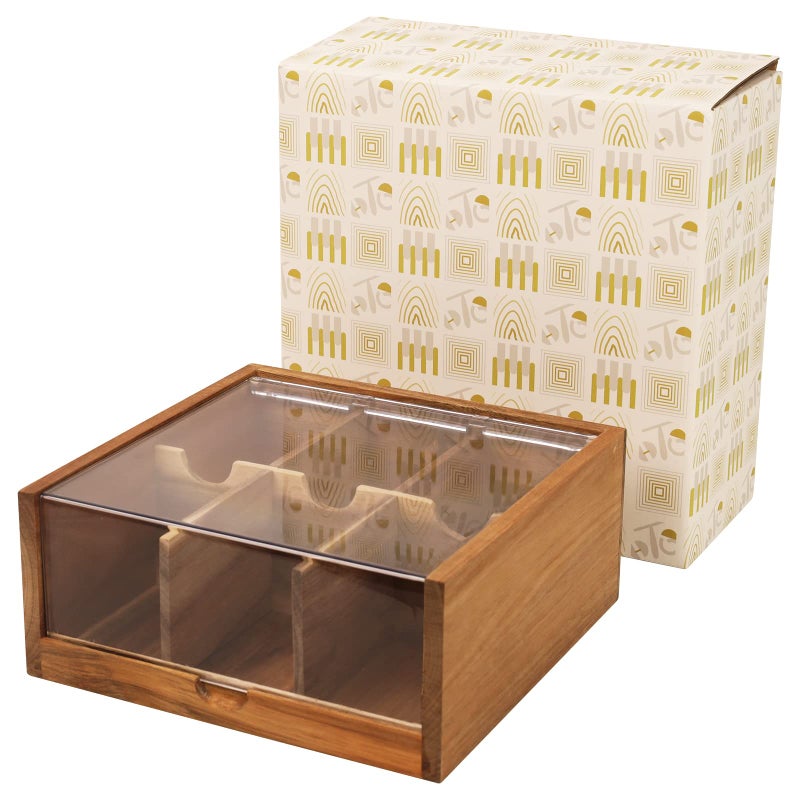 HTB Acacia Wood Tea Bag Organizer Storage, Gift Box 6 Compartments Tea Chest Box with Acrylic Transparent Hinged Lid - Image 1